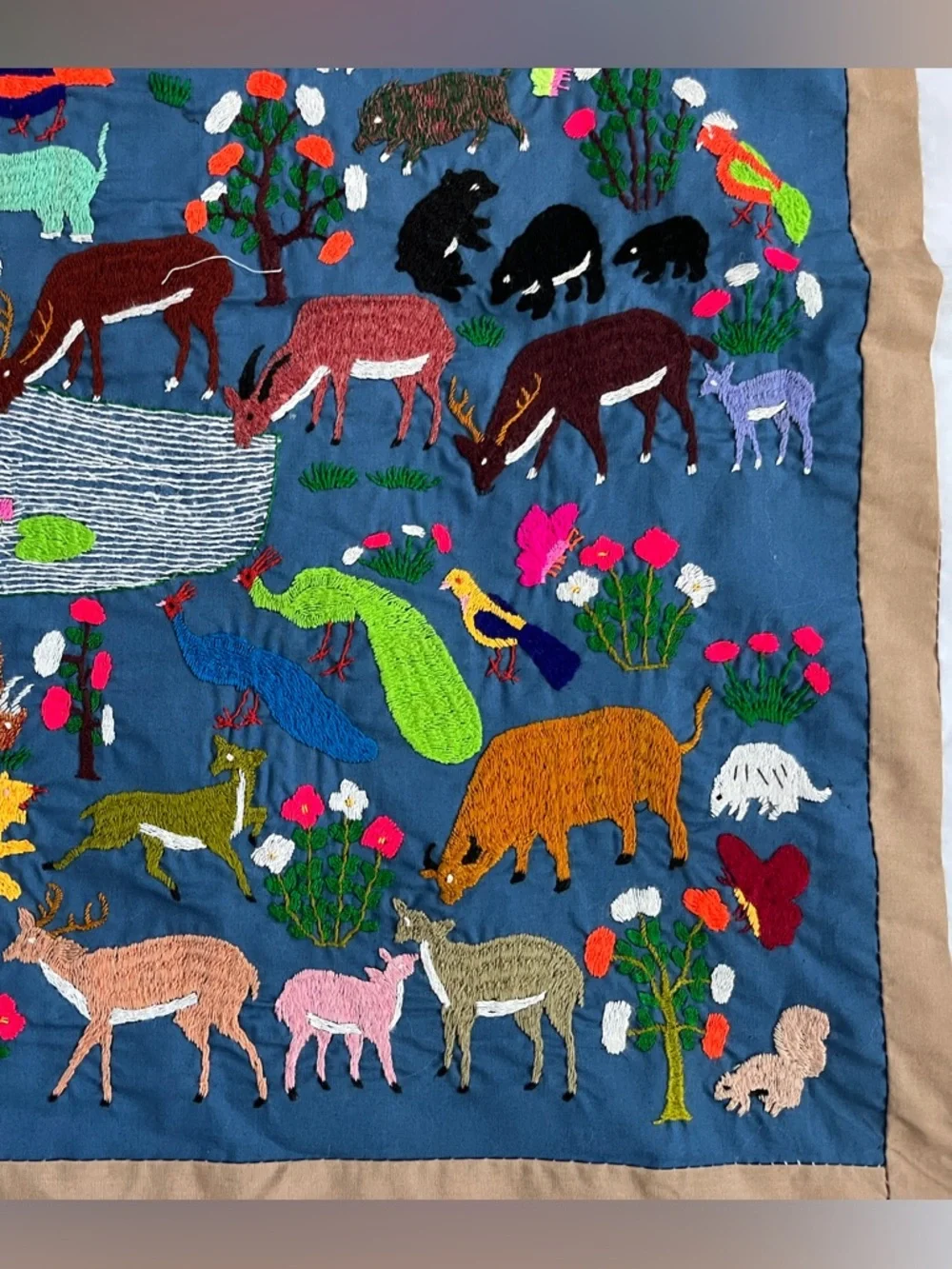 Vtg Hmong Thailand Story Cloth 36 x 38 Forest Jungle Animal Watering Hole Blue